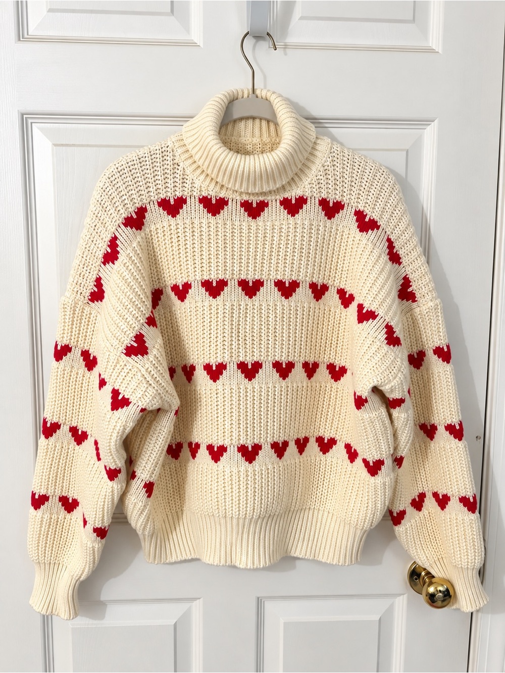 Cream Turtleneck Sweater with Red Heart Stripes